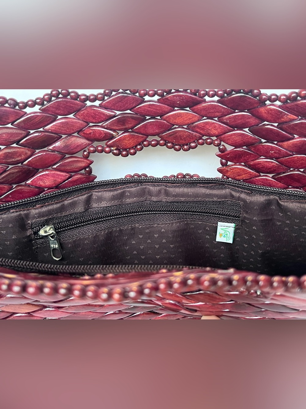 Vivian Bowles Handmade Wooden Scale Clutch Purse Lined Interior Maroon Burgundy - Picture 4 of 8
